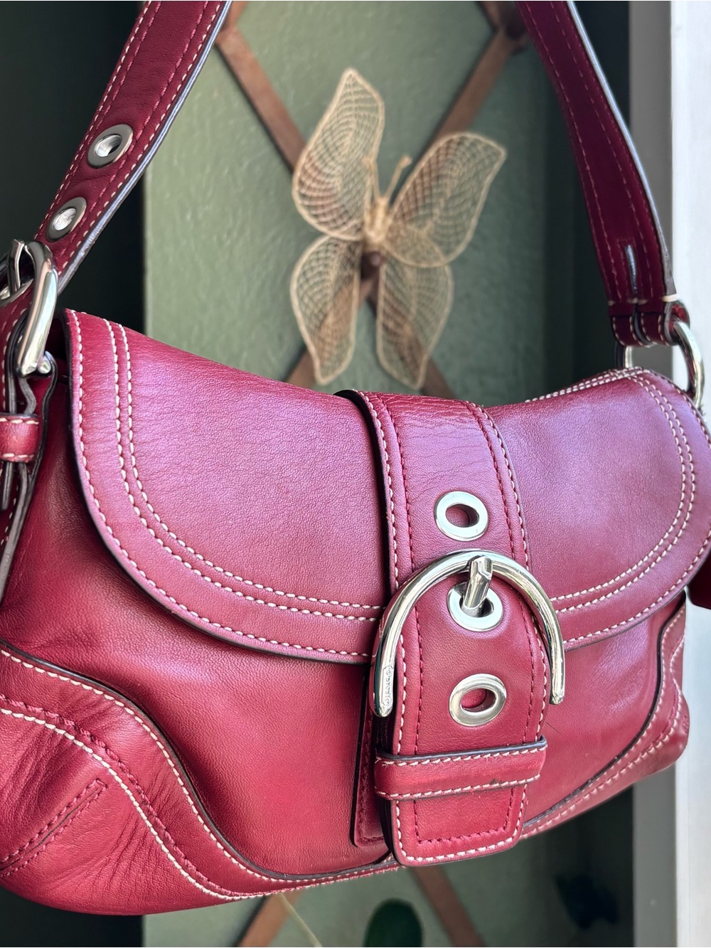 Coach Y2K Soho Cherry Red Leather Shoulder Bag Buckle Flap Silver F10909